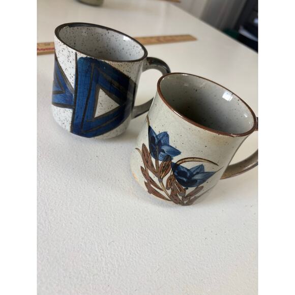 Handmade studio pottery stoneware rustic mugs blue geometric speckle glaze - Picture 6 of 12